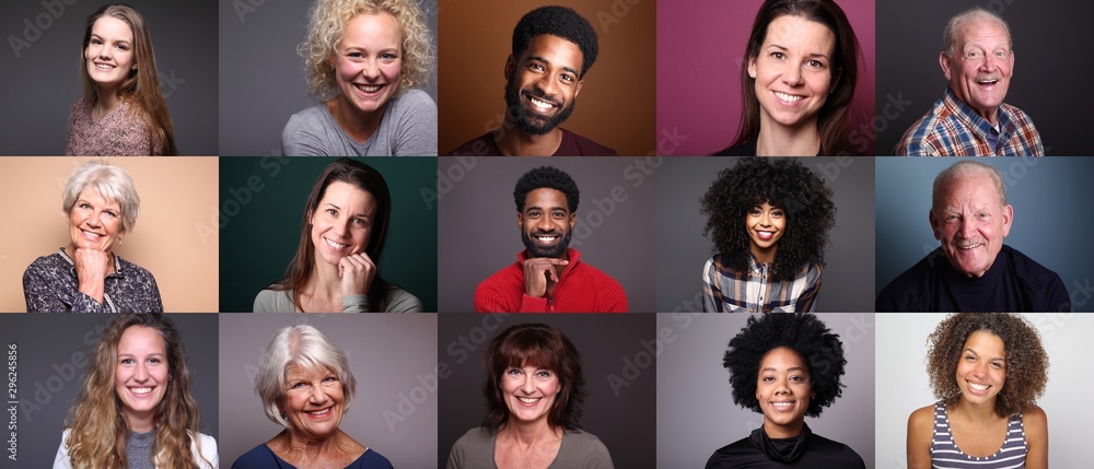 Group of 11 different people in front of a colored background